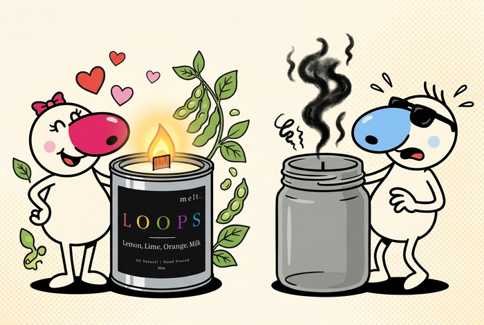 side-by-side cartoon comparing a clean-burning melt. soy candle with soybean sprigs to a sooty paraffin jar candle