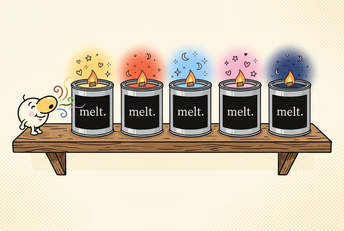 five melt. candles glowing in different mood colors on a wooden shelf while a mascot sniffs the scents