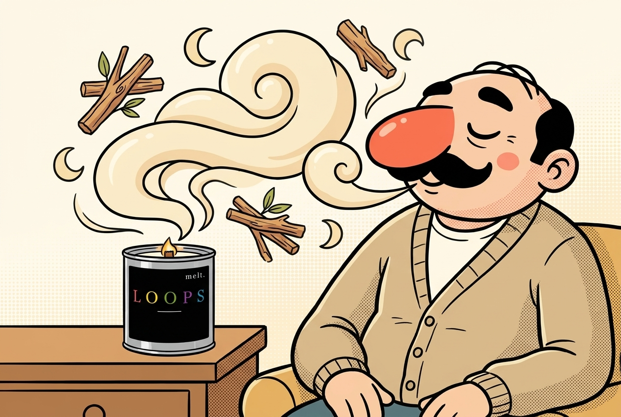 cartoon of a cozy mascot sniffing warm sandalwood scent swirls from a lit melt. soy candle on a side table