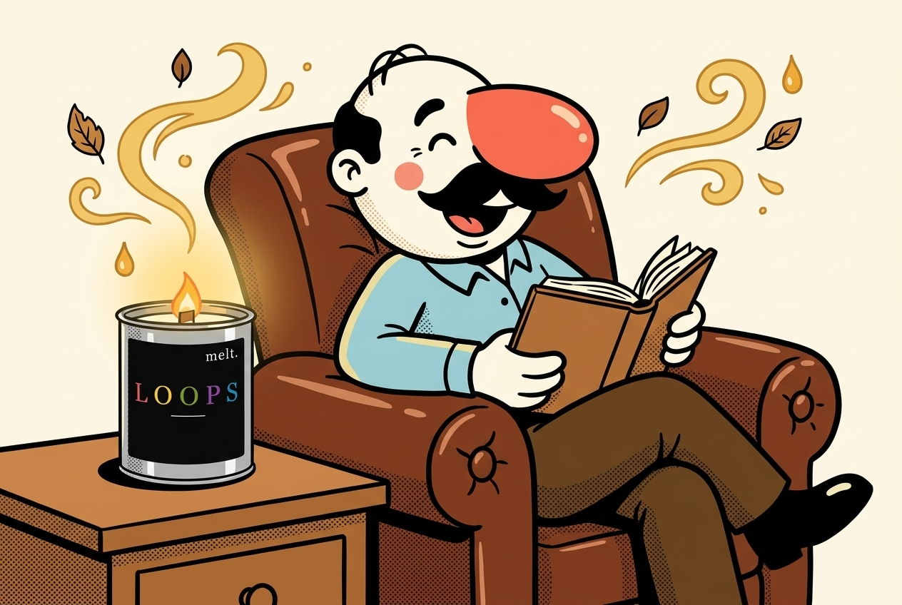cartoon of a mustachioed mascot in a leather armchair enjoying sweet tobacco leaf scent from a lit melt. candle