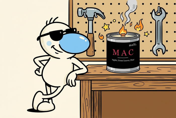 cartoon of a cool sunglasses mascot in a workshop with a melt. candle sitting on the workbench among tools