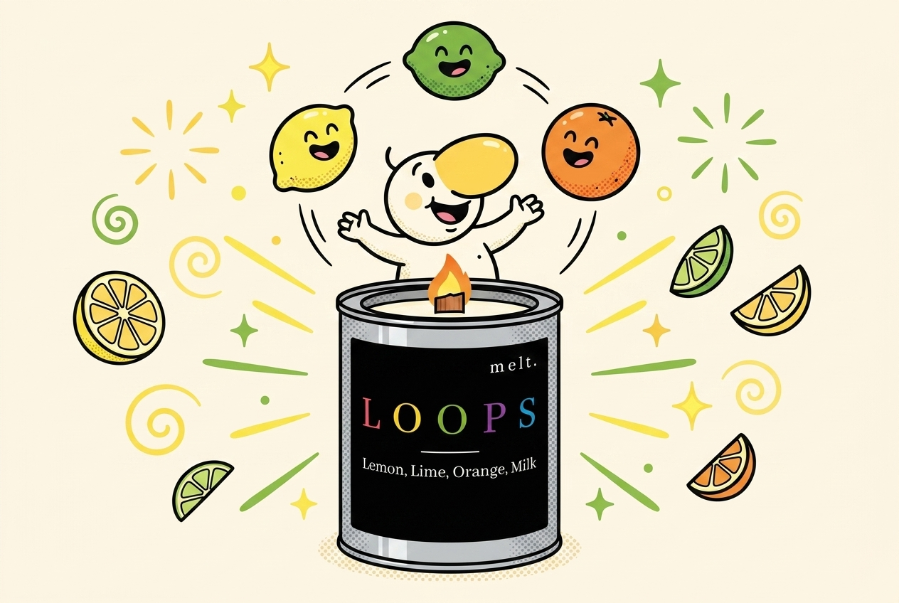 cartoon mascot juggling smiling lemon lime and orange fruit around a lit melt. citrus candle