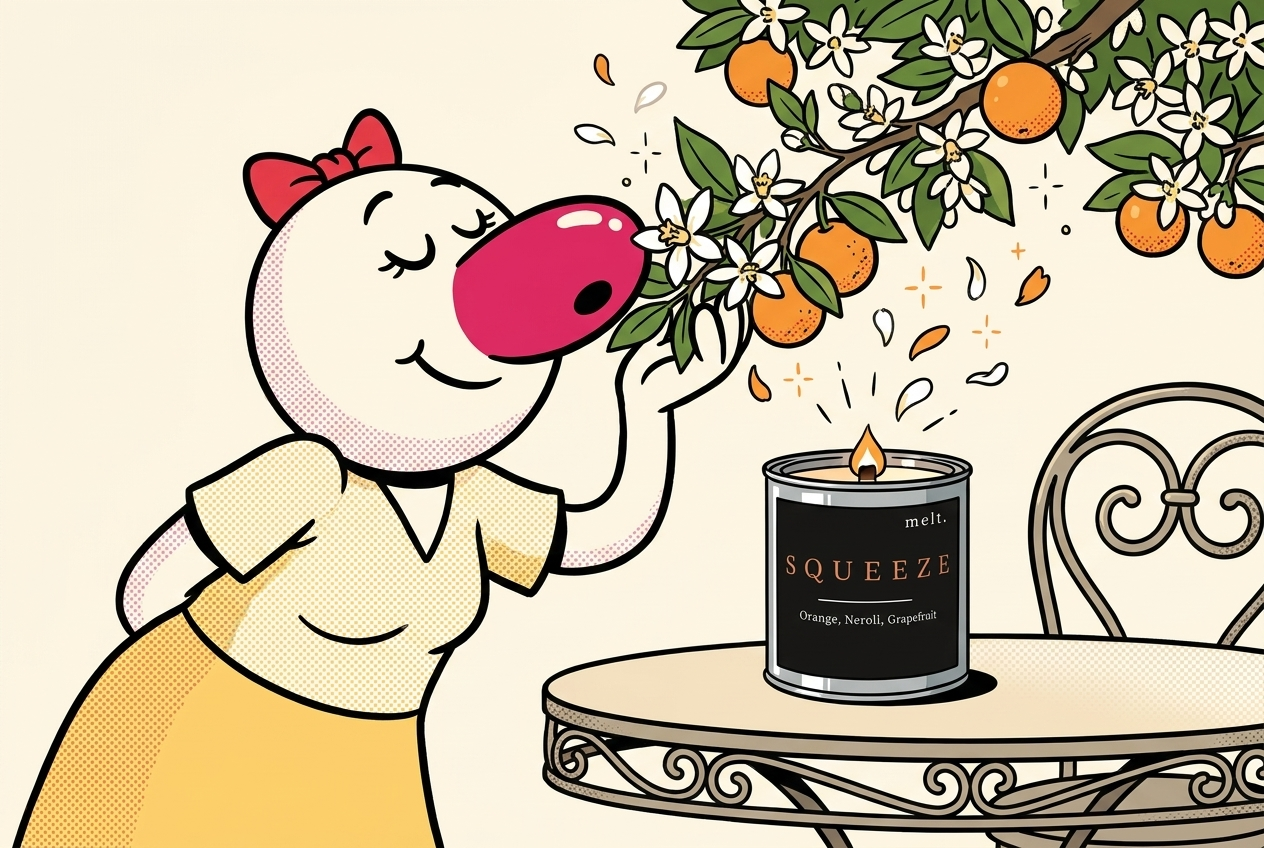 cartoon mascot smelling an orange blossom branch beside a lit melt. neroli candle in an elegant garden