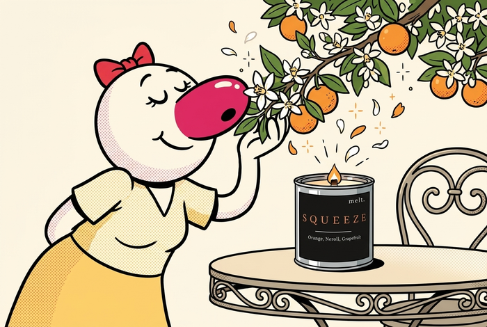 cartoon mascot smelling an orange blossom branch beside a lit melt. neroli candle in an elegant garden