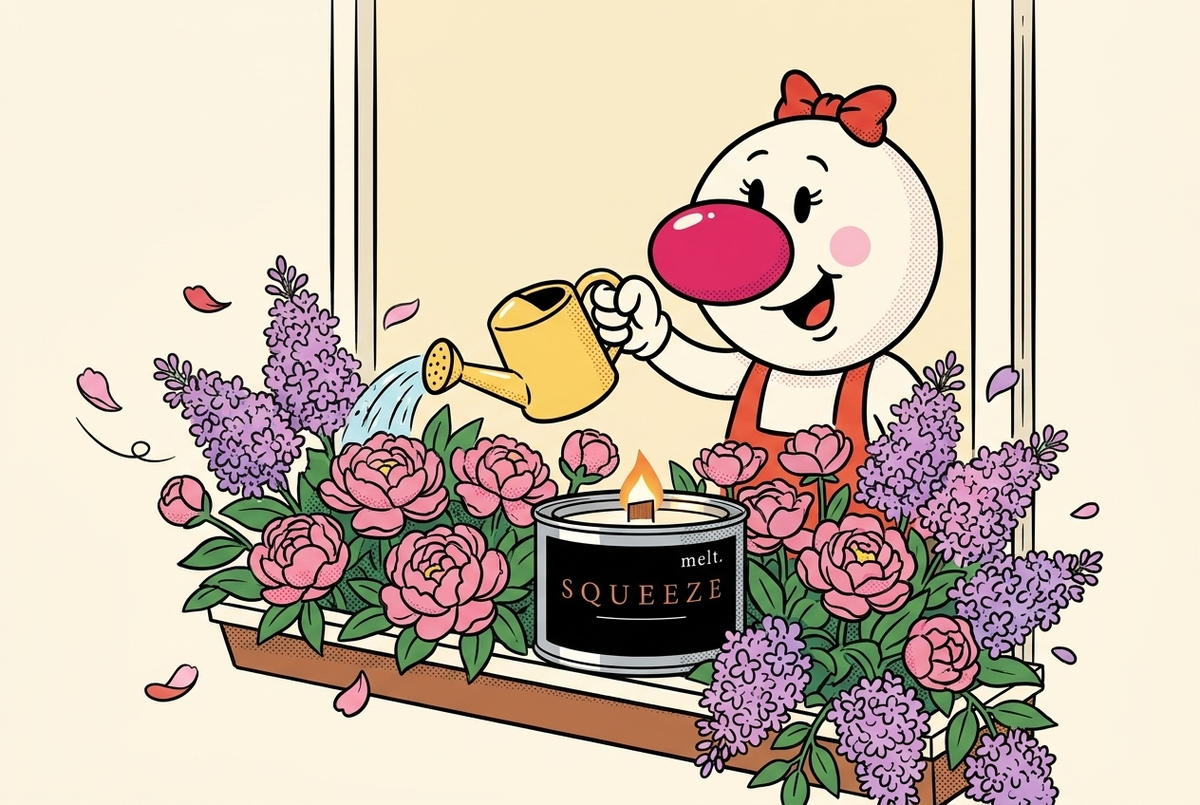 cartoon mascot watering peonies and lilacs in a window box next to a lit melt. floral candle