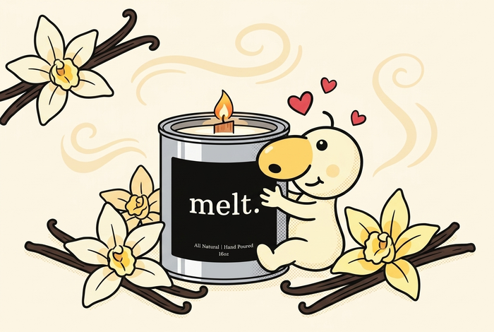 cartoon mascot hugging a melt. candle surrounded by vanilla orchid flowers and vanilla bean doodles