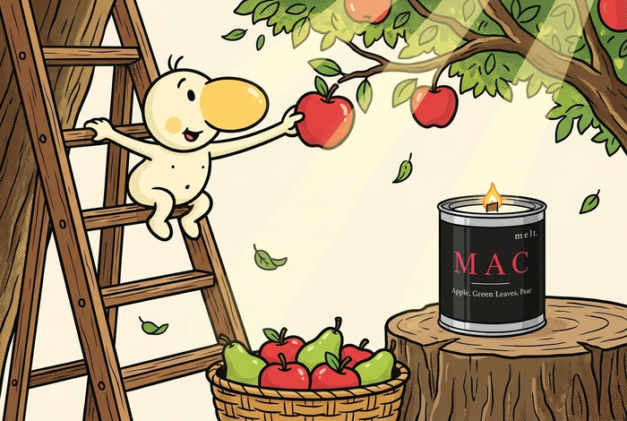 cartoon mascot picking apples in an orchard with a lit melt. apple and pear candle on a tree stump