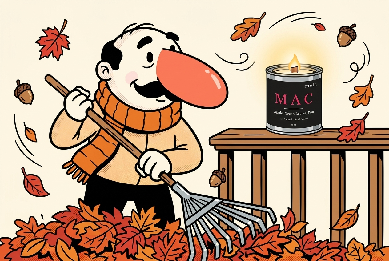 cartoon mascot in a scarf raking autumn leaves while a lit melt. fall candle glows on the porch railing