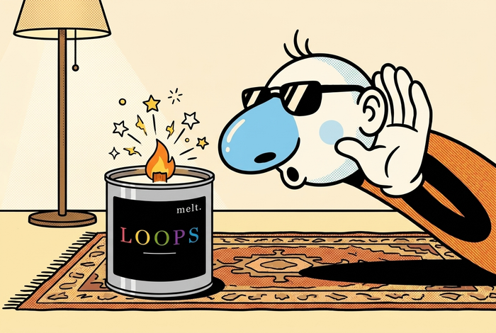 cartoon mascot listening to the crackling wooden wick flame of a lit melt. candle