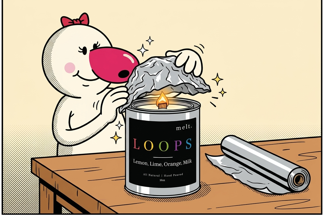 cartoon mascot wrapping a foil dome around a melt. candle to fix candle tunneling
