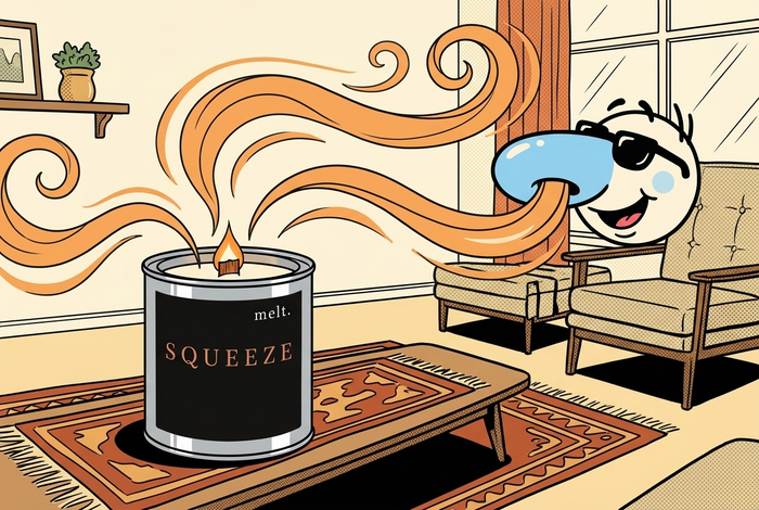 cartoon of a melt. candle's scent waves filling a living room while a mascot catches the fragrance across the room