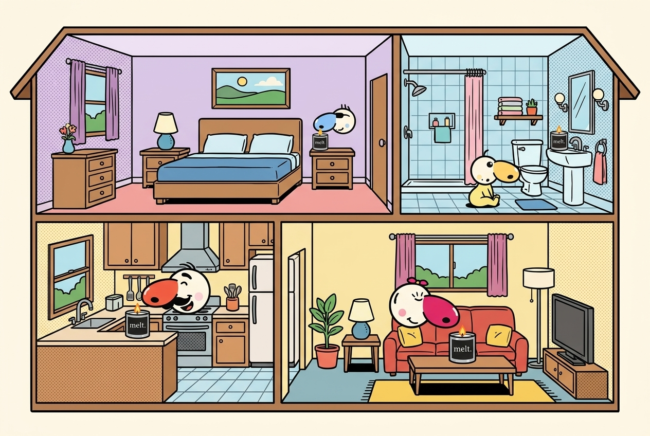 cutaway dollhouse cartoon showing melt. candles burning in the kitchen living room bedroom and bathroom