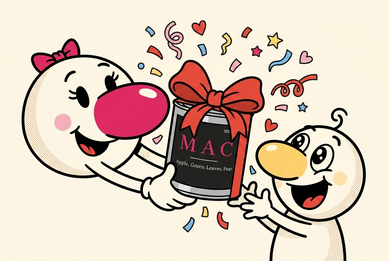 cartoon mascot gifting a ribbon-wrapped melt. candle with confetti and hearts