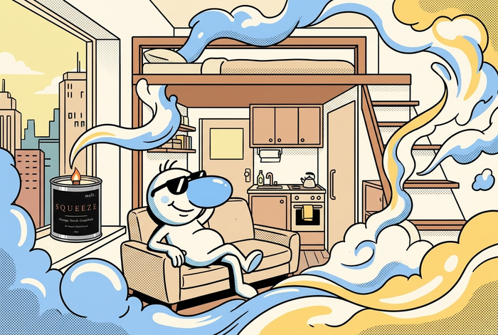 cartoon of a tiny studio apartment gently filled by one lit melt. candle on the windowsill
