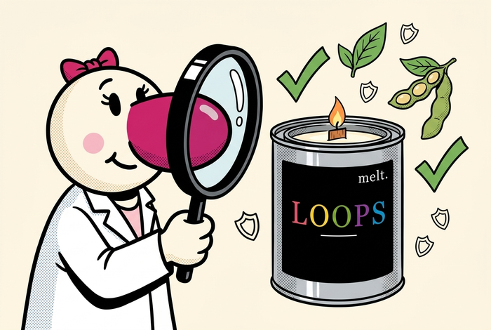 cartoon mascot in a lab coat inspecting a non-toxic melt. soy candle with a magnifying glass and green checkmarks