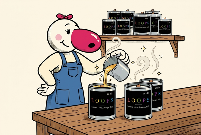cartoon of the founder mascot hand-pouring melted wax into melt. candle cans on a workbench