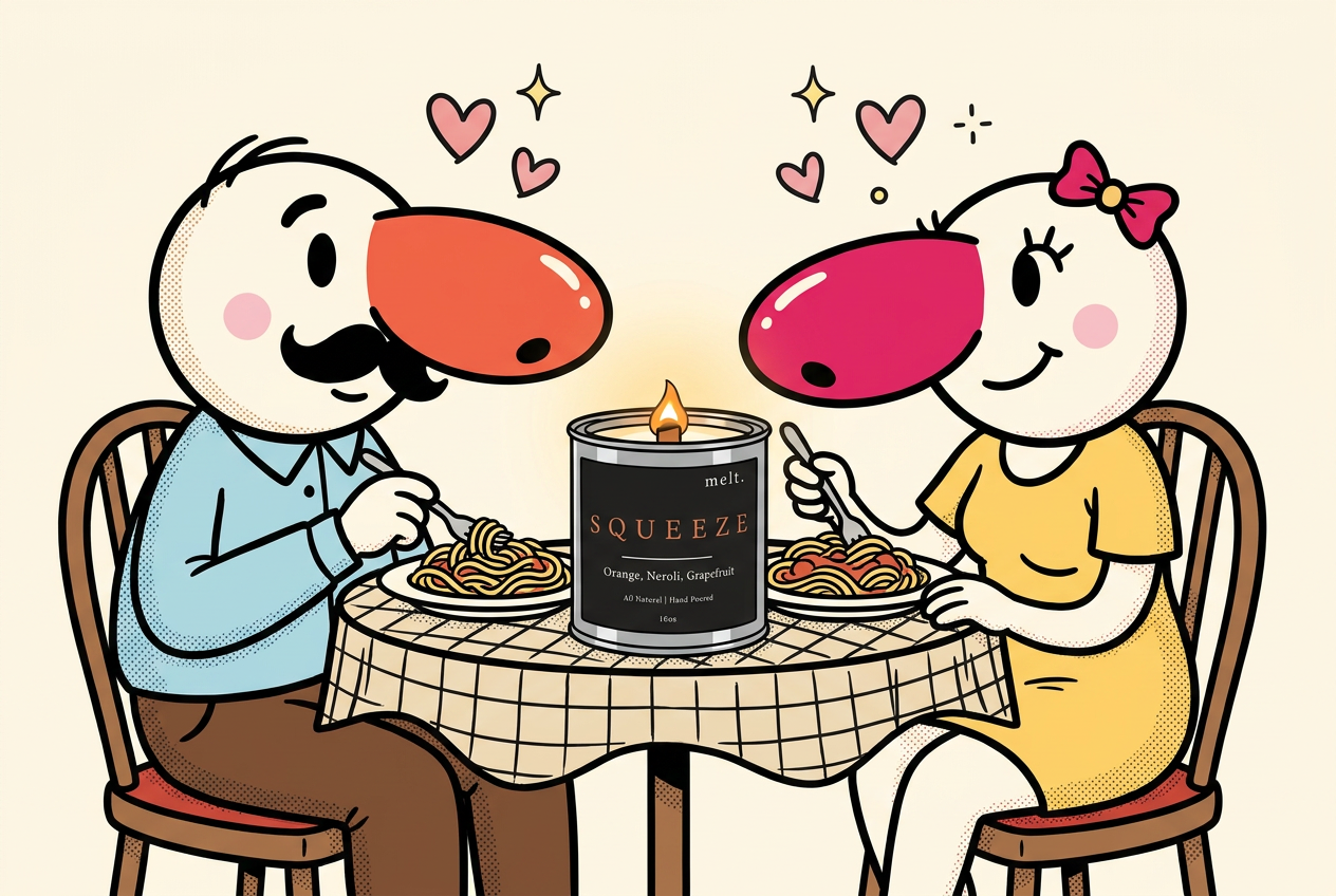 cartoon couple sharing a candlelit spaghetti dinner with a lit melt. date night candle between them