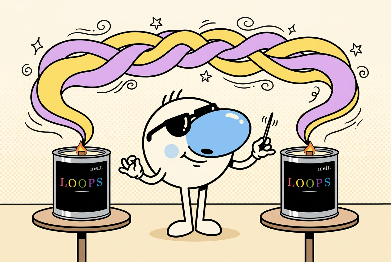 cartoon mascot conducting two intertwining scent ribbons from two lit melt. candles like an orchestra
