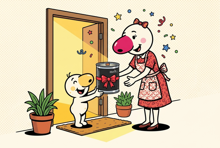 cartoon mascot handing a ribbon-tied melt. candle to a hostess at her front door