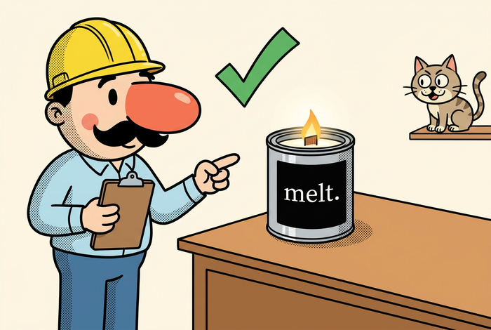 cartoon safety-officer mascot in a hard hat pointing at a safely placed melt. candle away from curtains and a curious cat