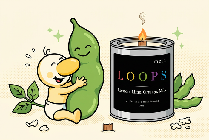 cartoon mascot hugging a giant soybean pod beside a lit melt. soy blend wax candle
