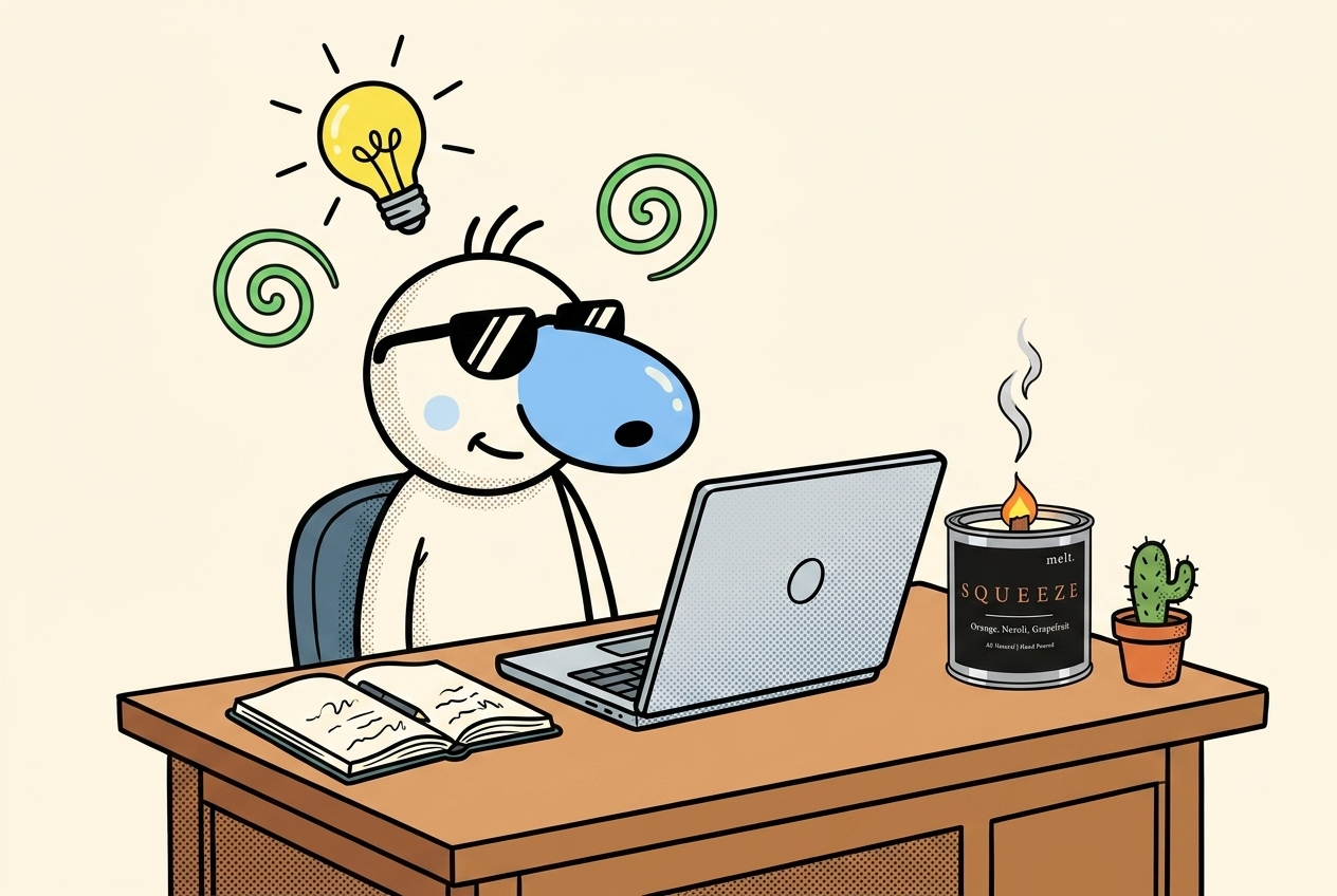 cartoon mascot working at a tidy desk with a laptop and a lit melt. focus candle beside it
