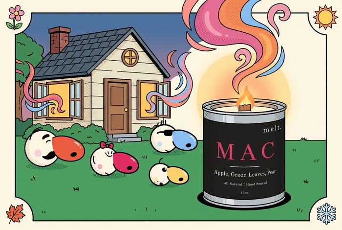 cartoon house with colorful scent swirls from the windows and the sniff squad mascots on the lawn with a melt. candle