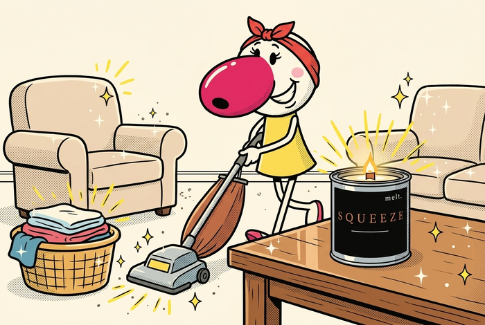 cartoon mascot finishing a sunday reset cleaning ritual with a lit melt. candle on the spotless coffee table