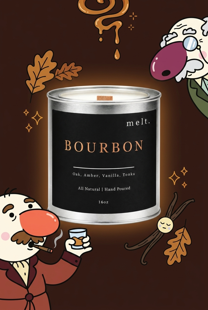 melt. bourbon candle surrounded by cartoon melt. mascots and scent-note illustrations on a colorful background
