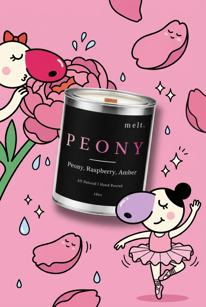 melt. peony candle surrounded by cartoon melt. mascots and scent-note illustrations on a colorful background