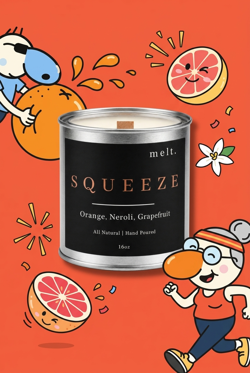melt. squeeze candle surrounded by cartoon melt. mascots and scent-note illustrations on a colorful background