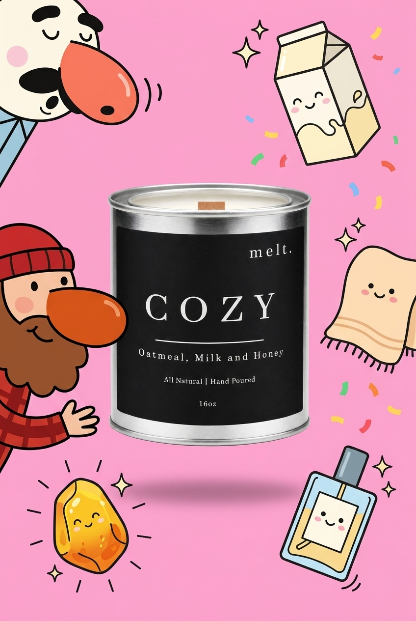 melt. cozy candle surrounded by cartoon melt. mascots and scent-note illustrations on a colorful background