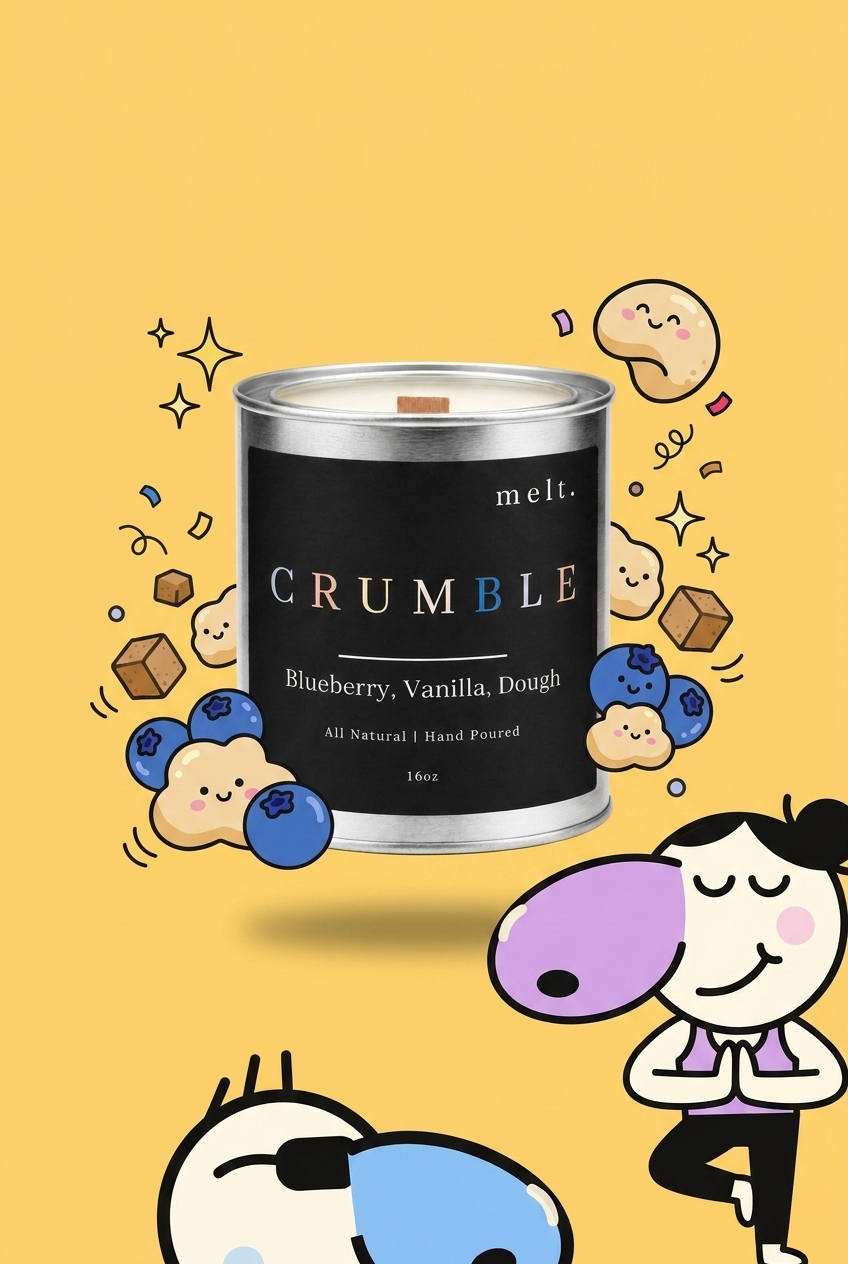 melt. crumble candle surrounded by cartoon melt. mascots and scent-note illustrations on a colorful background