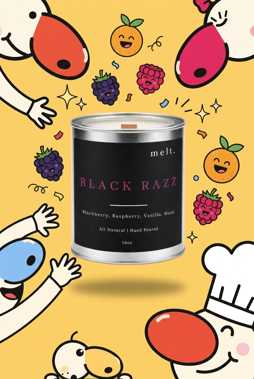 melt. black razz candle surrounded by cartoon melt. mascots and scent-note illustrations on a colorful background