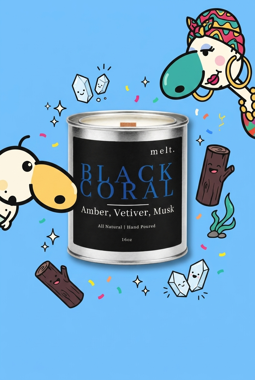 melt. black coral candle surrounded by cartoon melt. mascots and scent-note illustrations on a colorful background
