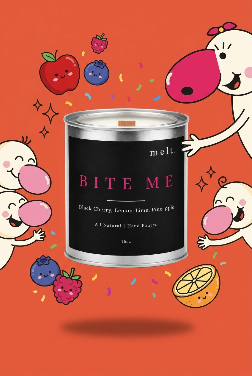 melt. bite me candle surrounded by cartoon melt. mascots and scent-note illustrations on a colorful background