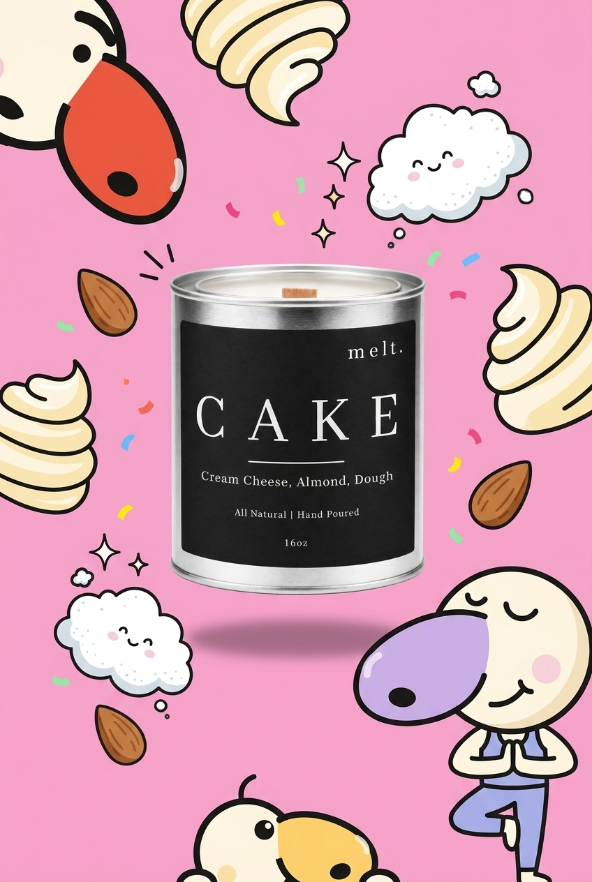 melt. cake candle surrounded by cartoon melt. mascots and scent-note illustrations on a colorful background