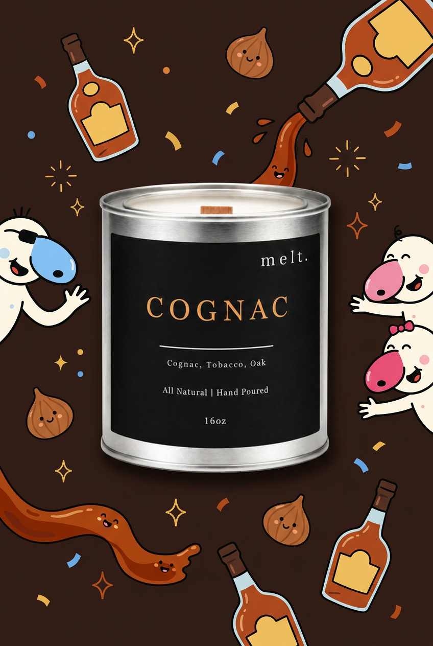 melt. cognac candle surrounded by cartoon melt. mascots and scent-note illustrations on a colorful background