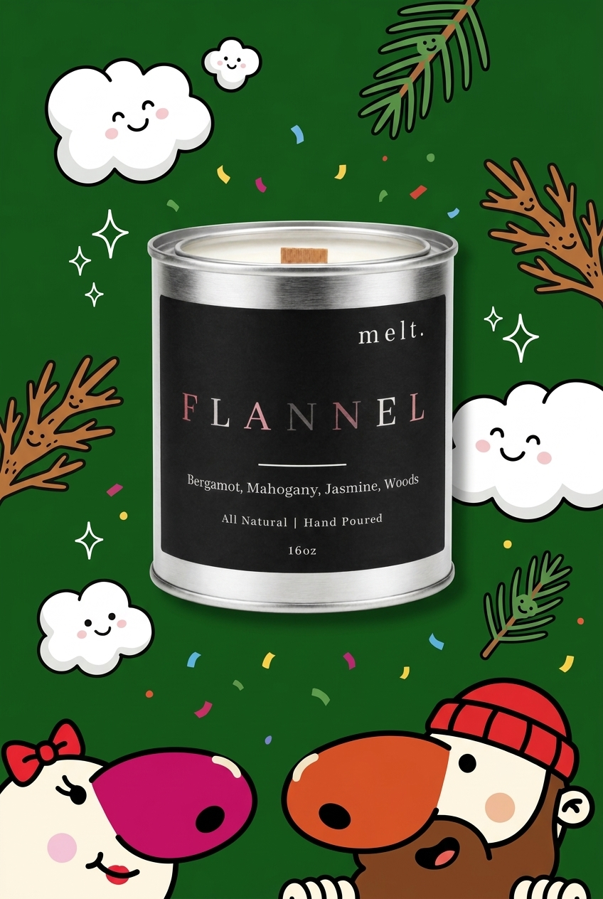 melt. flannel candle surrounded by cartoon melt. mascots and scent-note illustrations on a colorful background