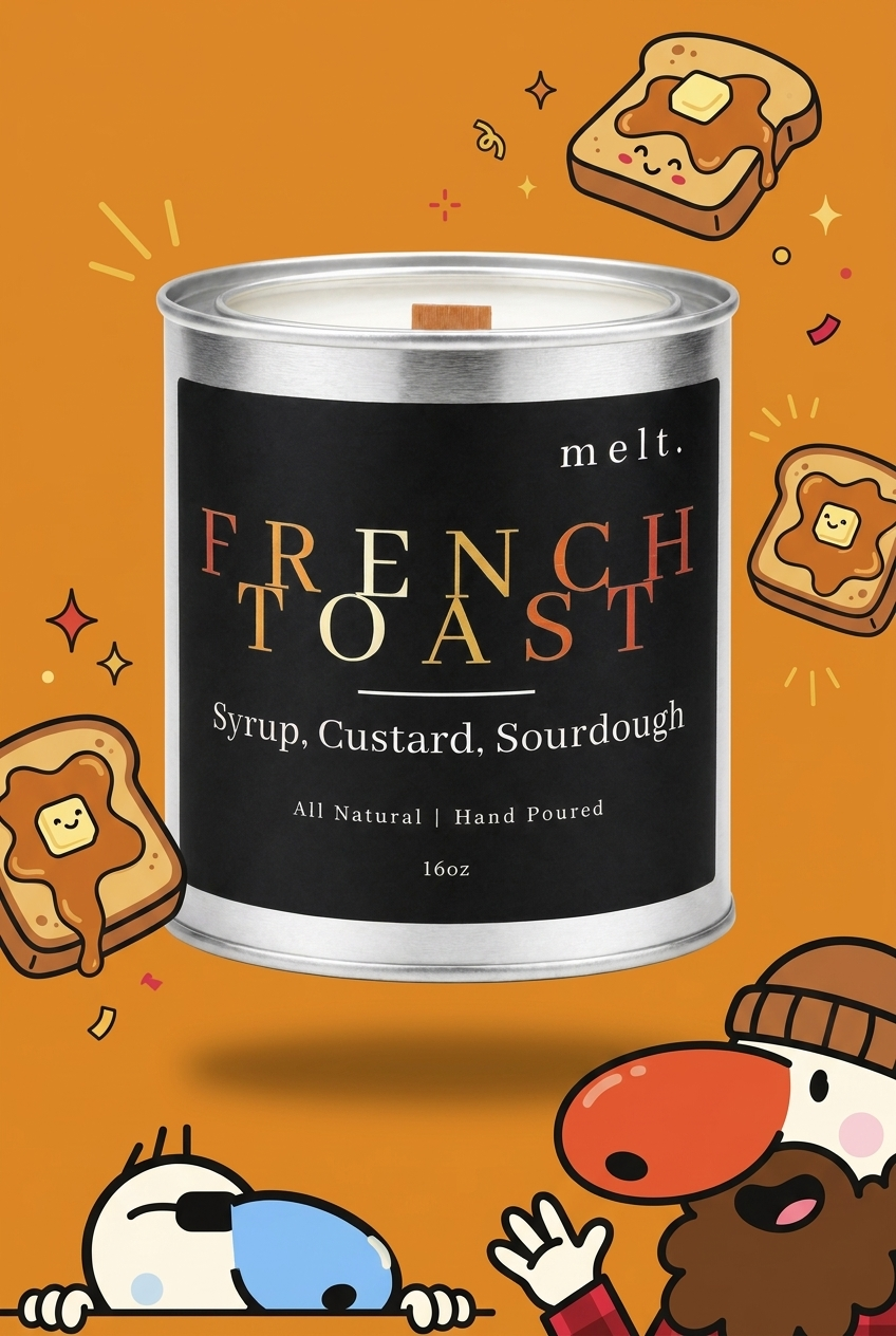 melt. french toast candle surrounded by cartoon melt. mascots and scent-note illustrations on a colorful background