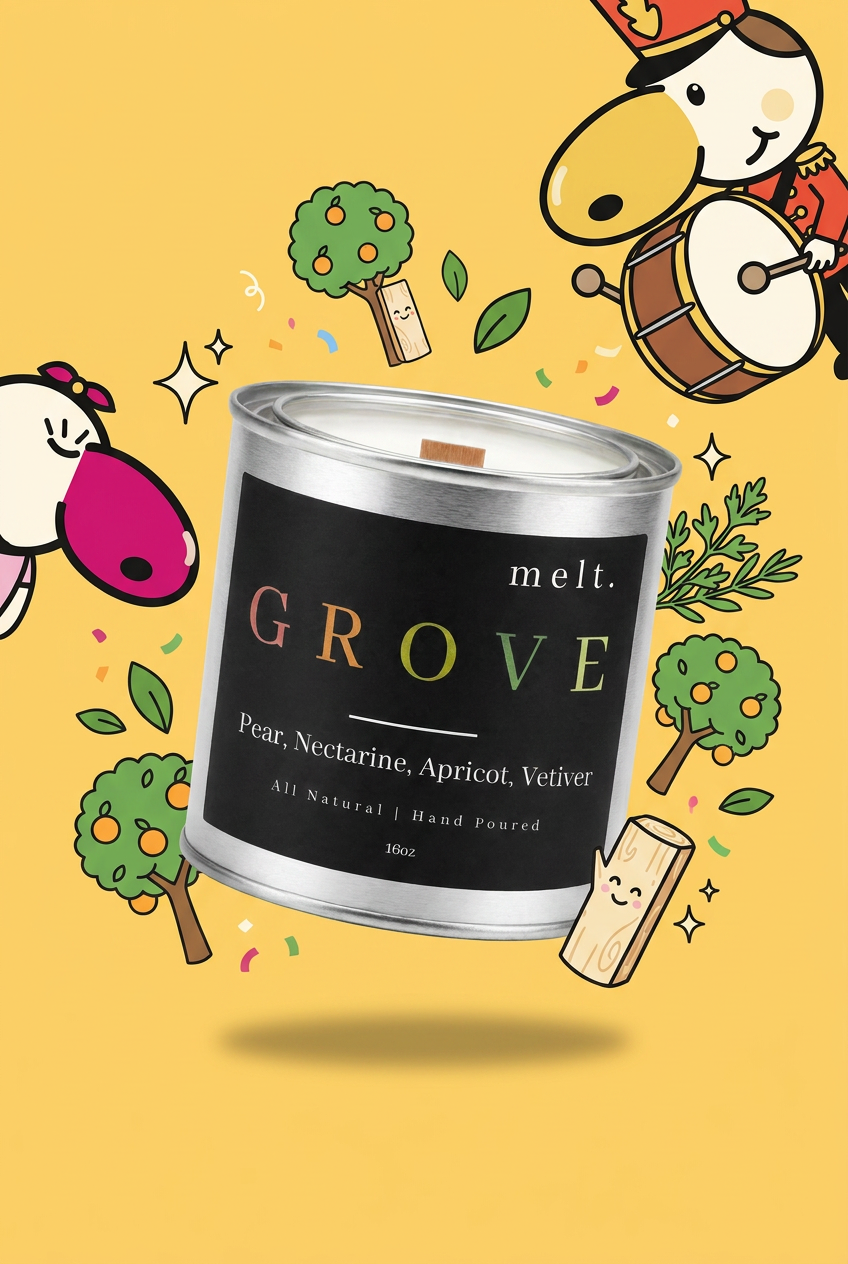 melt. grove candle surrounded by cartoon melt. mascots and scent-note illustrations on a colorful background