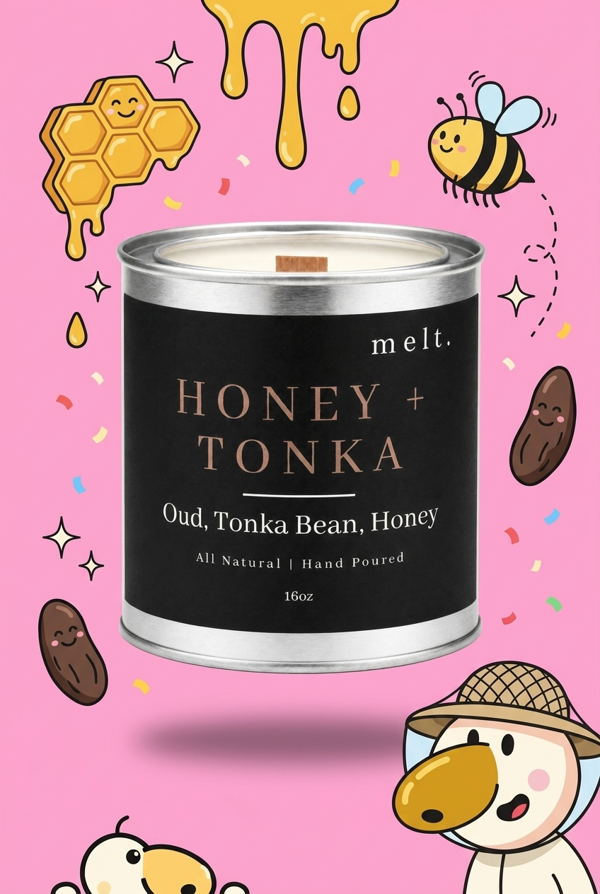 melt. honey + tonka candle surrounded by cartoon melt. mascots and scent-note illustrations on a colorful background