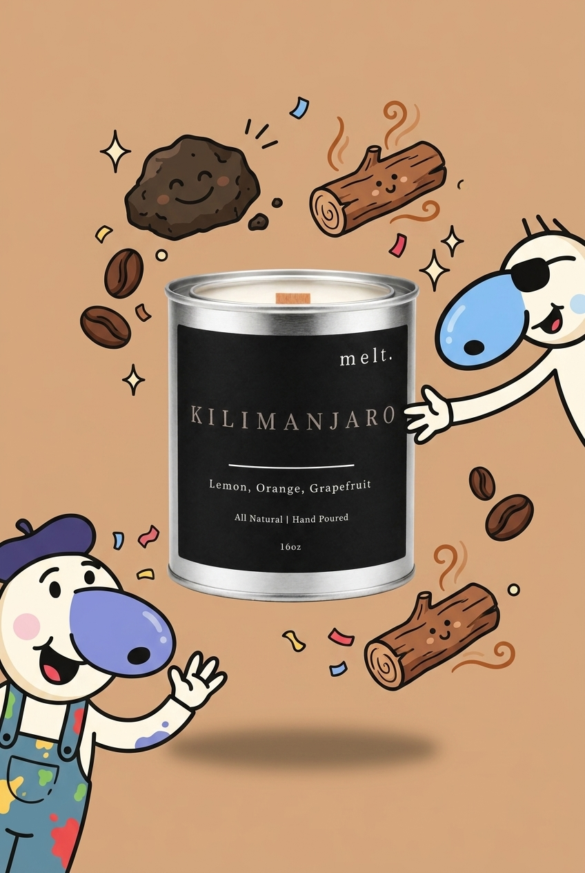 melt. kilimanjaro candle surrounded by cartoon melt. mascots and scent-note illustrations on a colorful background
