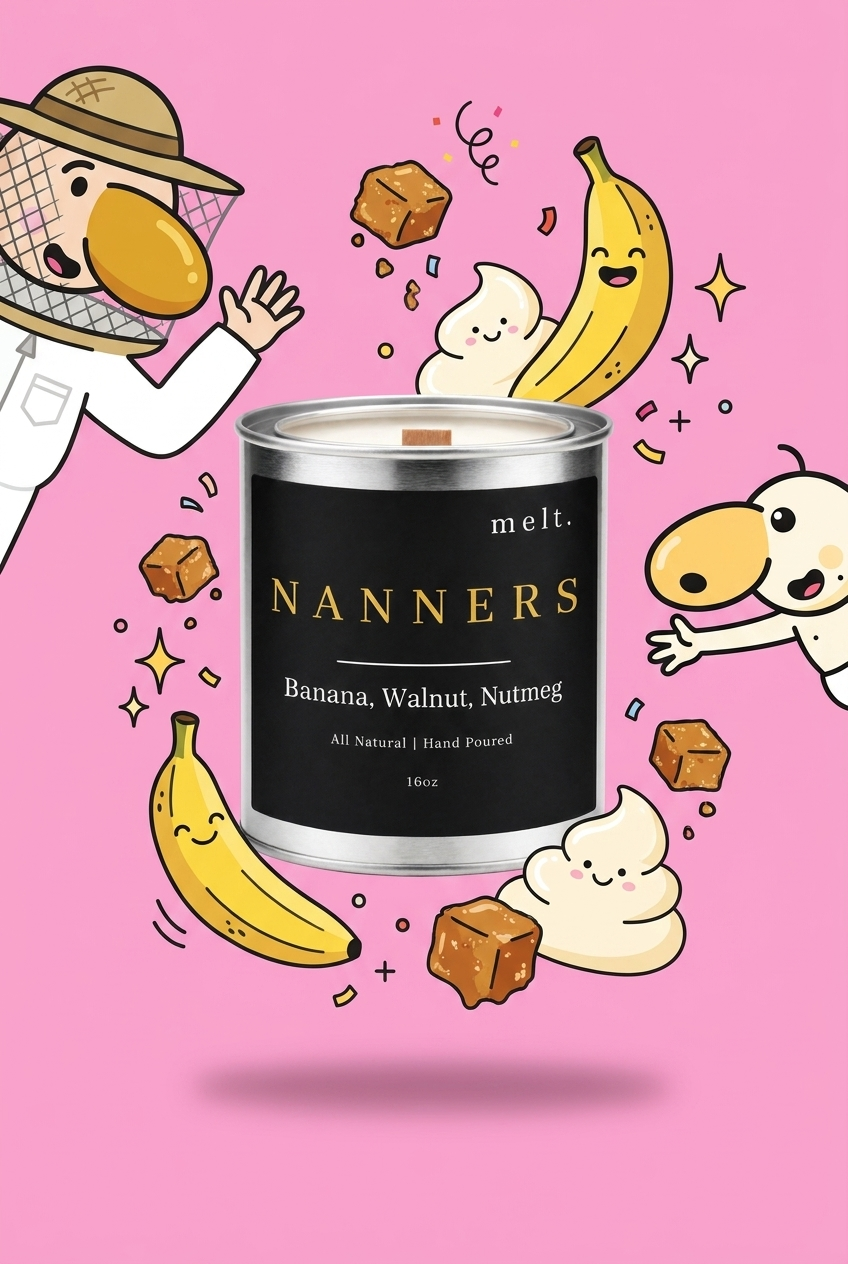 melt. nanners candle surrounded by cartoon melt. mascots and scent-note illustrations on a colorful background