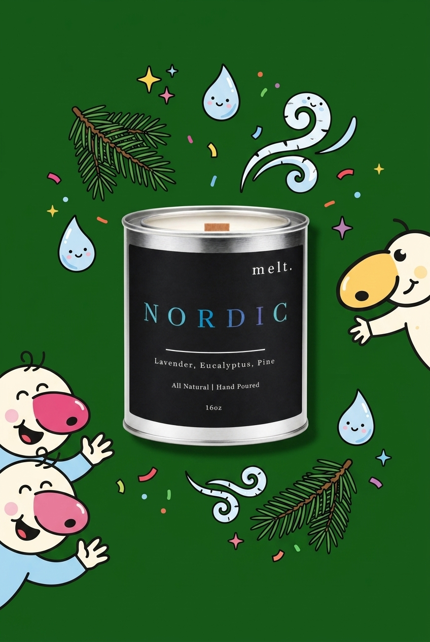 melt. nordic candle surrounded by cartoon melt. mascots and scent-note illustrations on a colorful background