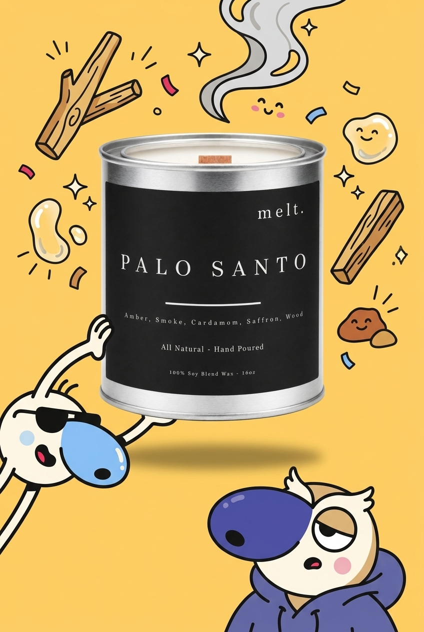 melt. palo santo candle surrounded by cartoon melt. mascots and scent-note illustrations on a colorful background
