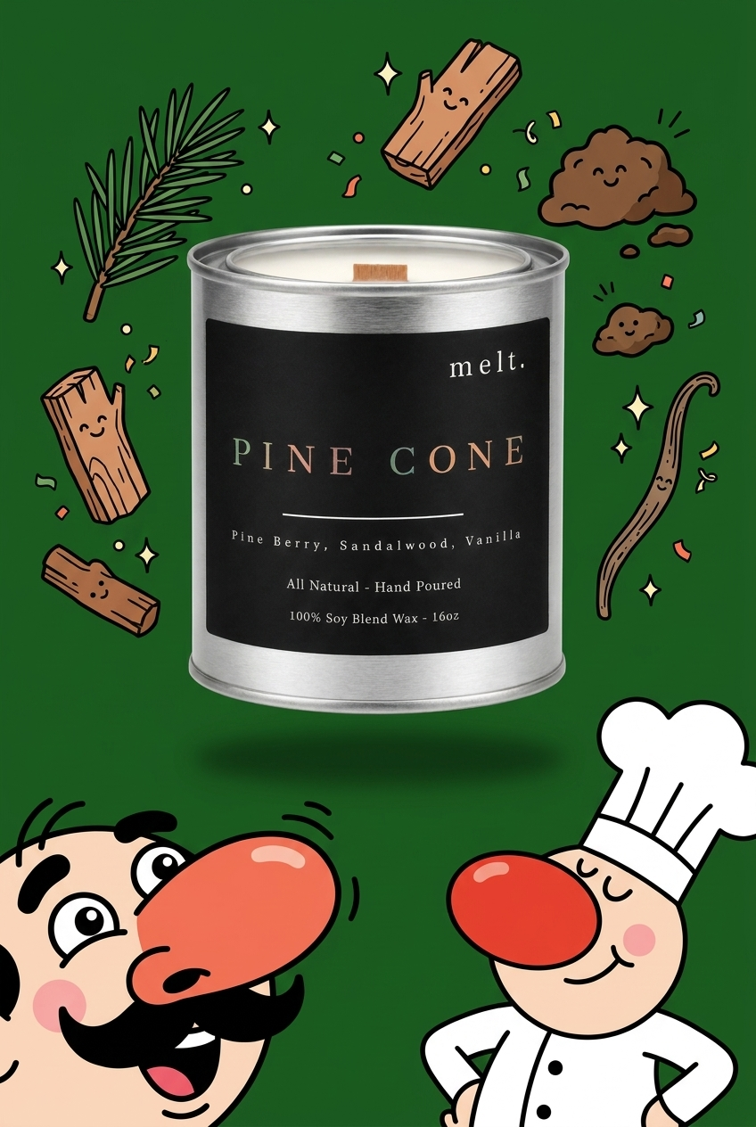 melt. pine cone candle surrounded by cartoon melt. mascots and scent-note illustrations on a colorful background