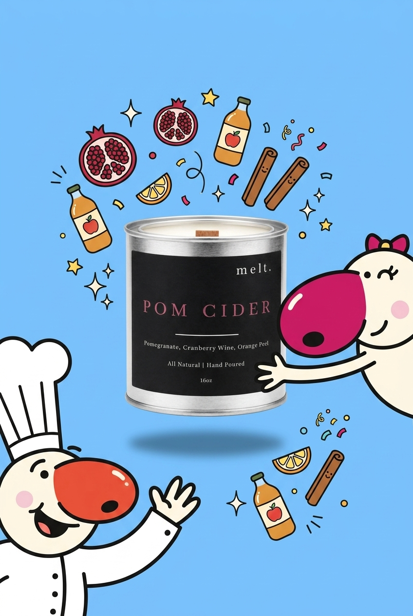 melt. pom cider candle surrounded by cartoon melt. mascots and scent-note illustrations on a colorful background