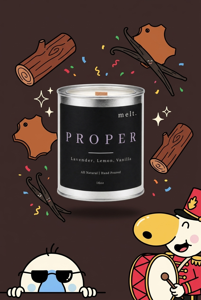 melt. proper candle surrounded by cartoon melt. mascots and scent-note illustrations on a colorful background