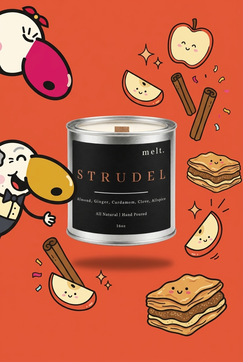 melt. strudel candle surrounded by cartoon melt. mascots and scent-note illustrations on a colorful background